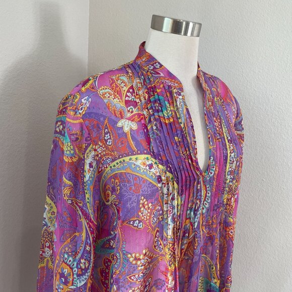 Lauren Ralph Lauren Womens Plus 1X Tunic Top Blouse Purple Paisley Silk Metallic - Picture 2 of 11